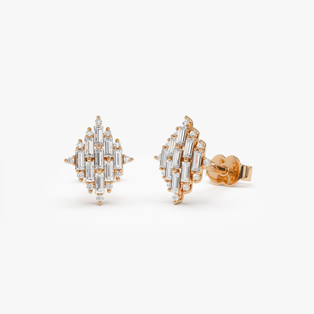 Baguette & Round Cut Diamond Unique Studs Earrings for Christmas Gift