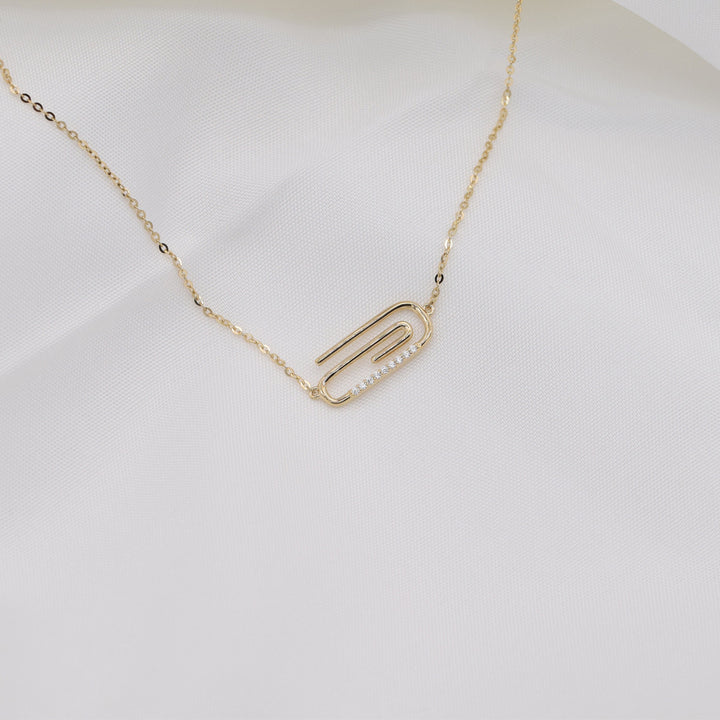 Round Cut Diamond Solid Gold Paper Clip Necklace for Women