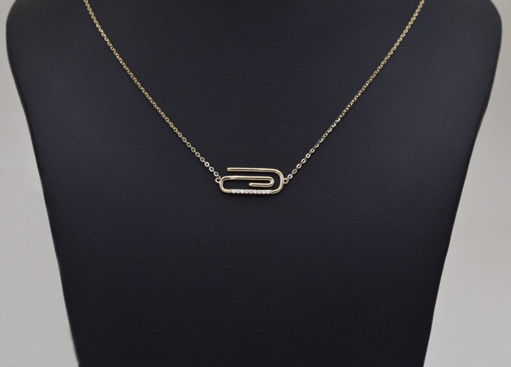 Round Cut Diamond Solid Gold Paper Clip Necklace for Women