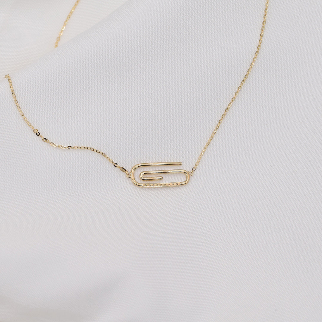 Round Cut Diamond Solid Gold Paper Clip Necklace for Women