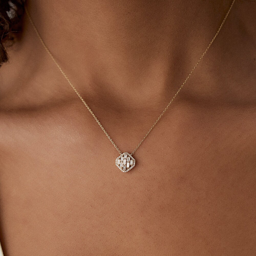 Round & Baguette Cut Unique Diamond Pendant Necklace for Her