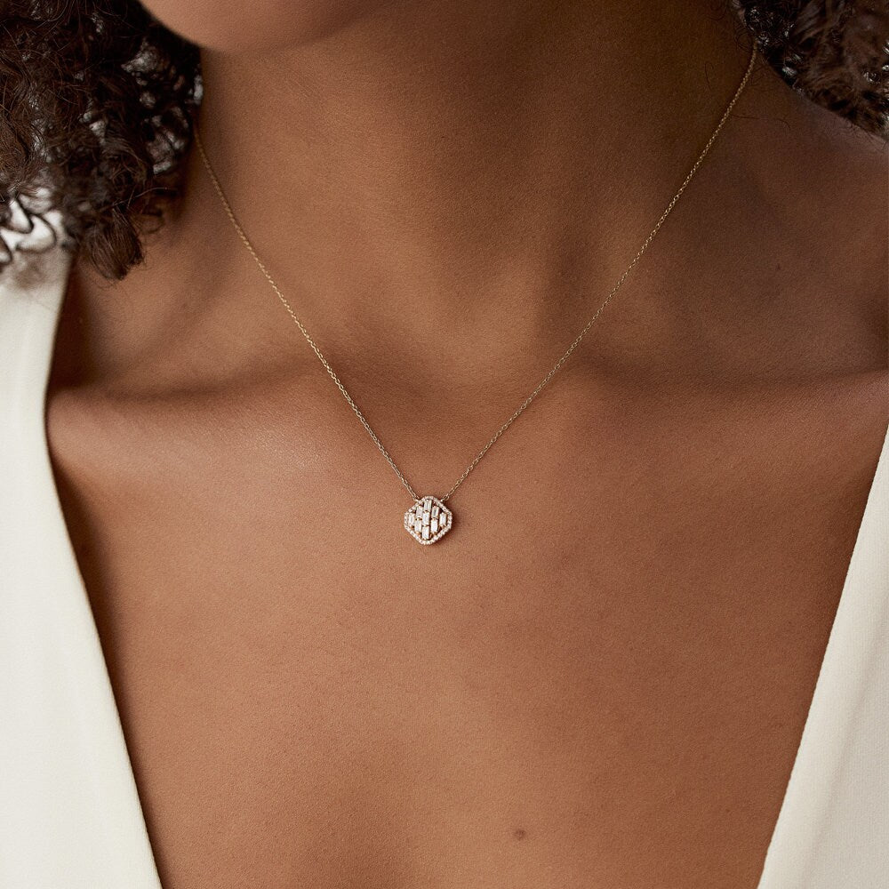 Round & Baguette Cut Unique Diamond Pendant Necklace for Her