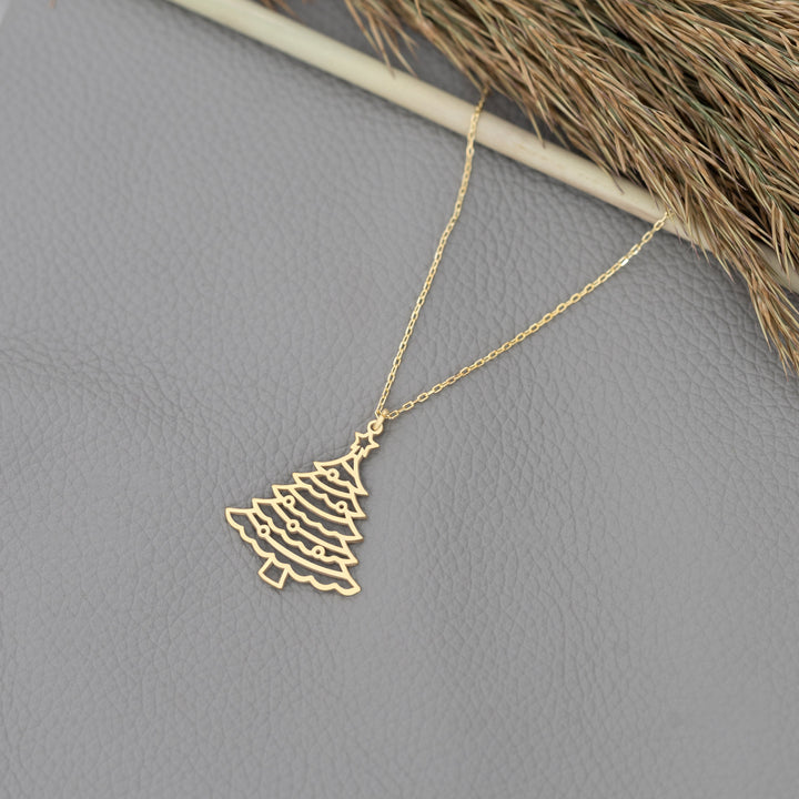 14K Solid Gold Christmas Pine Tree Plain Necklace for Gift