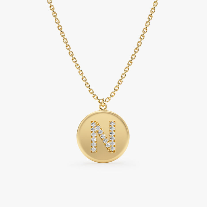 Coin Charm Diamond Latter Necklace in Matte Gold