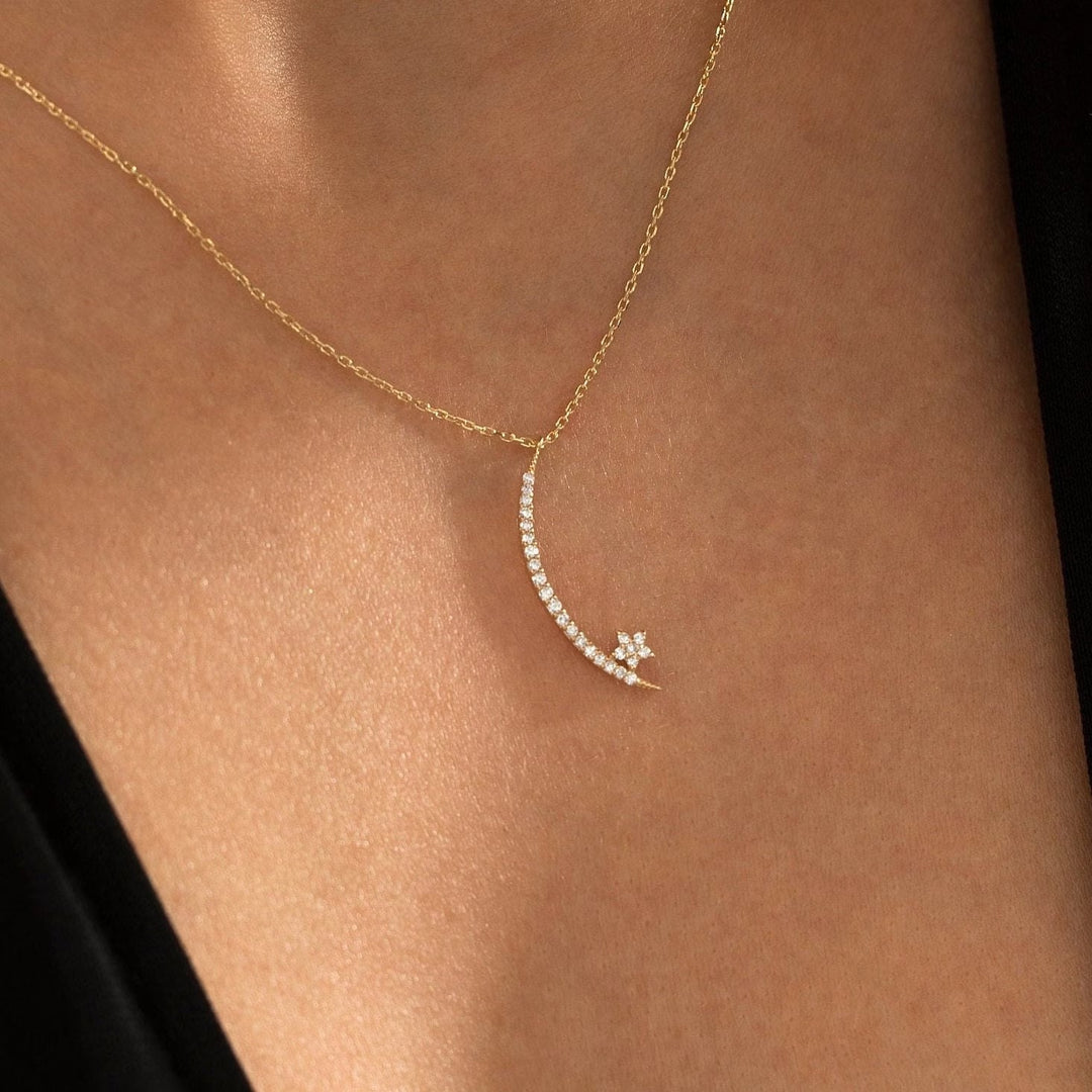 Moon and Star Diamond Moissanite Necklace for Her