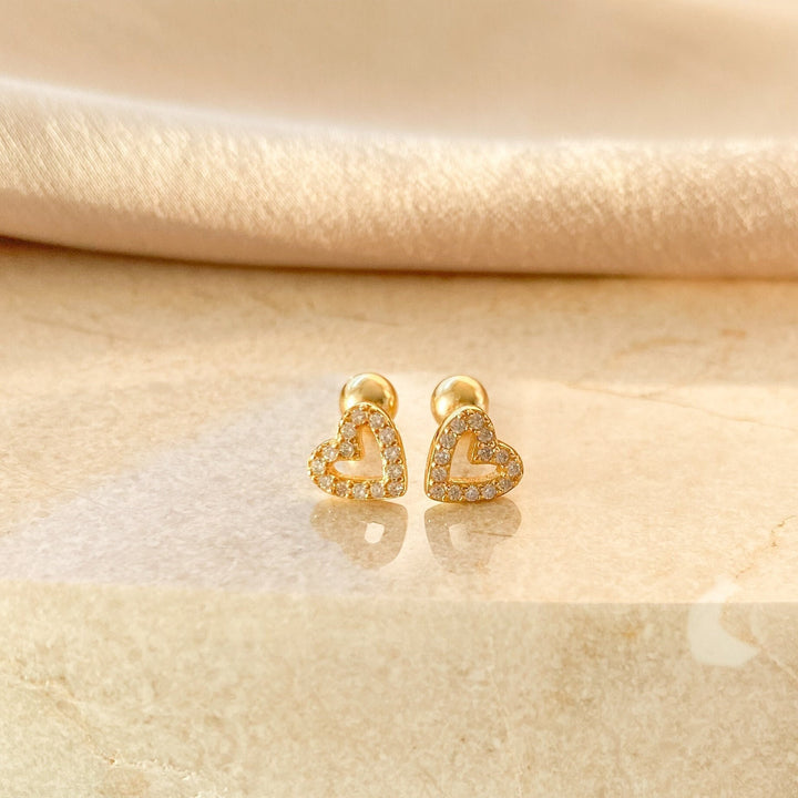 Round Diamond Heart Stud Earrings in Gold Gift for Her