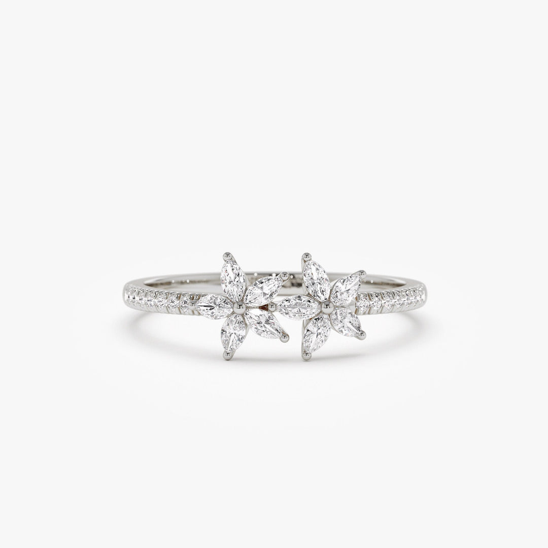 Round & Marquise Cut Diamond Two Flower Wedding Ring for Her