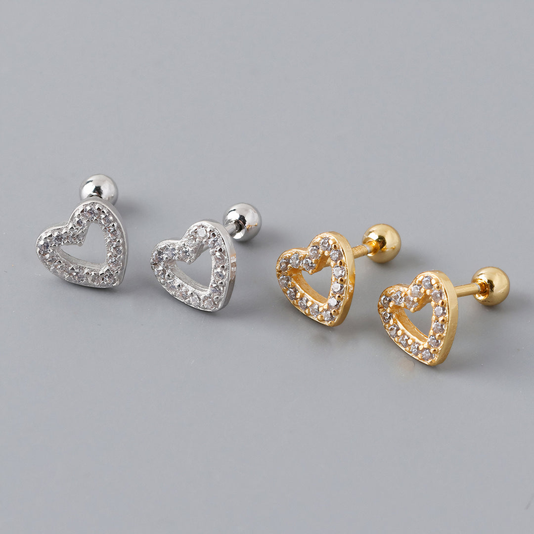 Round Diamond Heart Stud Earrings in Gold Gift for Her