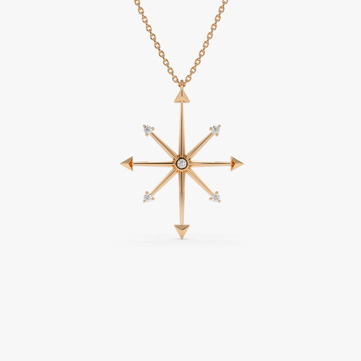 14k Solid Gold Diamond Compass Charm Necklace for Women