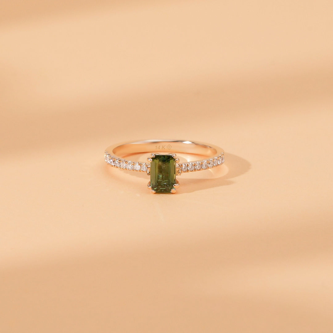 Green Emerald Cut Diamond Pave Engagement Ring for Women