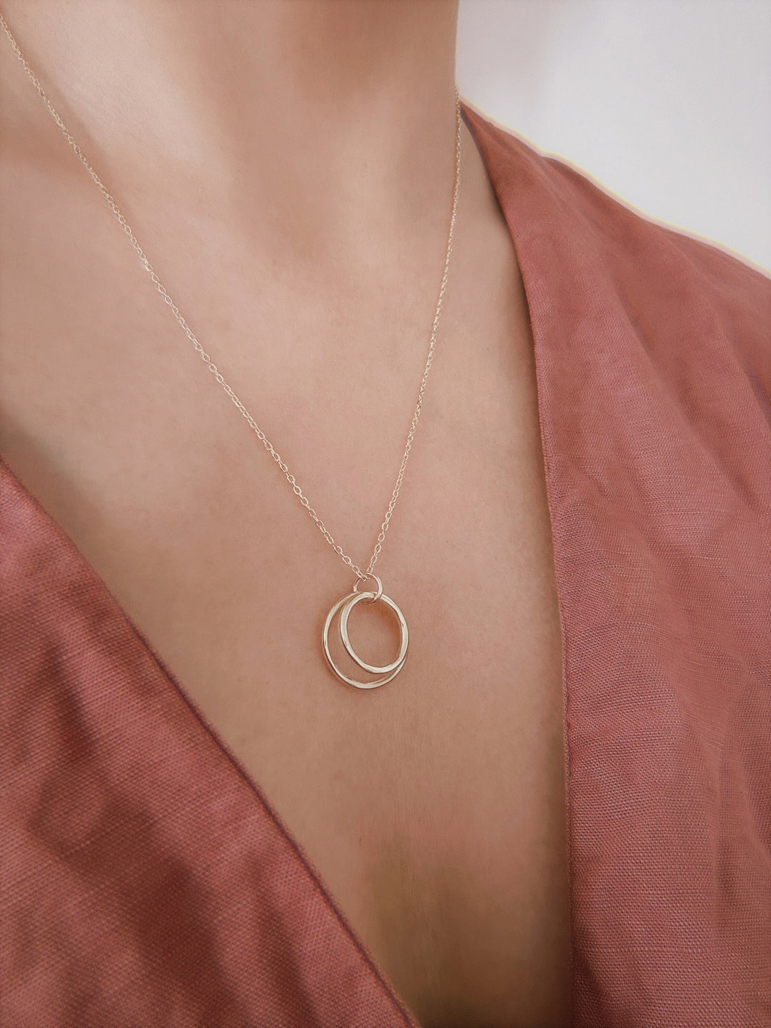 14K Solid Gold Double Circle Necklace for Women