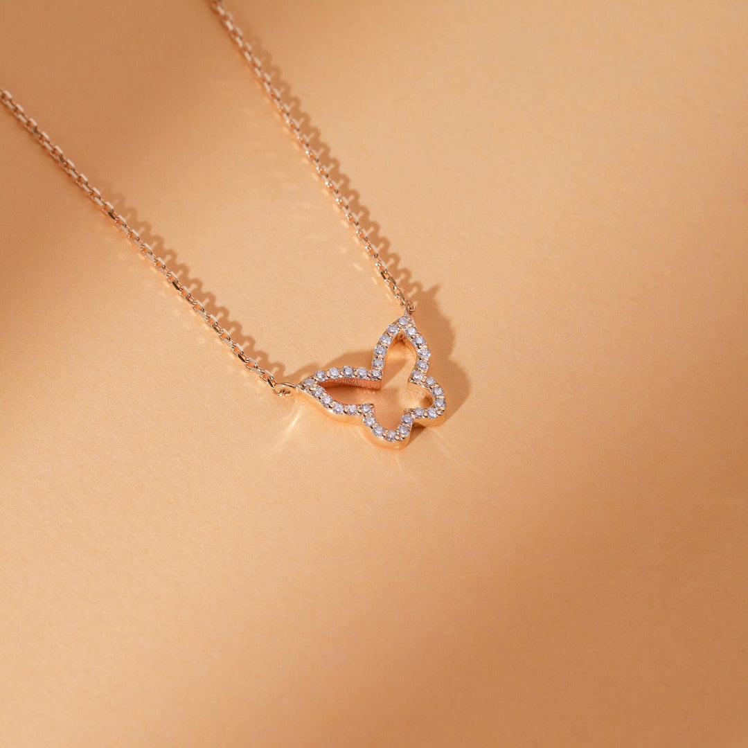 Round Cut Diamond Solid Gold Butterfly Necklace for Birthday Gift