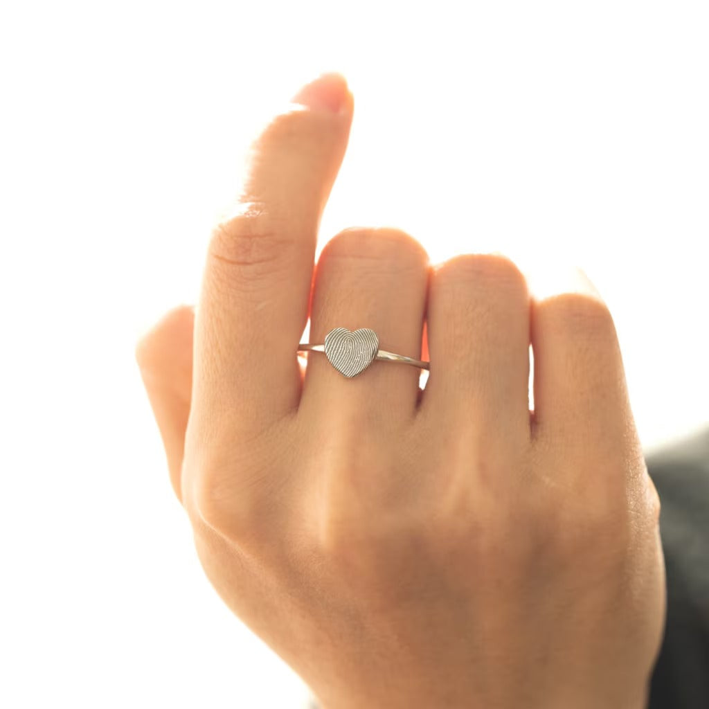 Heart Shape Custom Actual Fingerprint Engraved Ring Gift For Mother