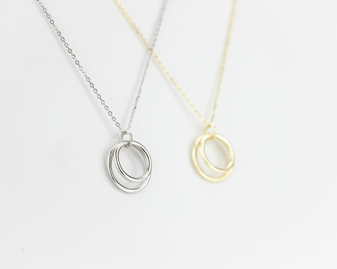 14K Solid Gold Double Circle Necklace for Women