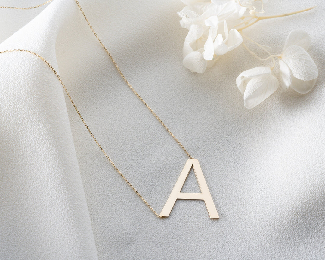 Sideways Big Letter Necklace in 14K Solid Gold for Valentine Gift