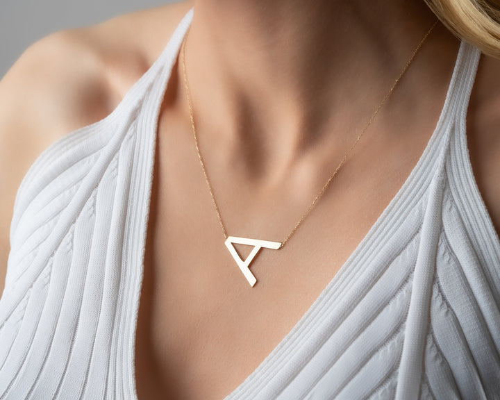 Sideways Big Letter Necklace in 14K Solid Gold for Valentine Gift