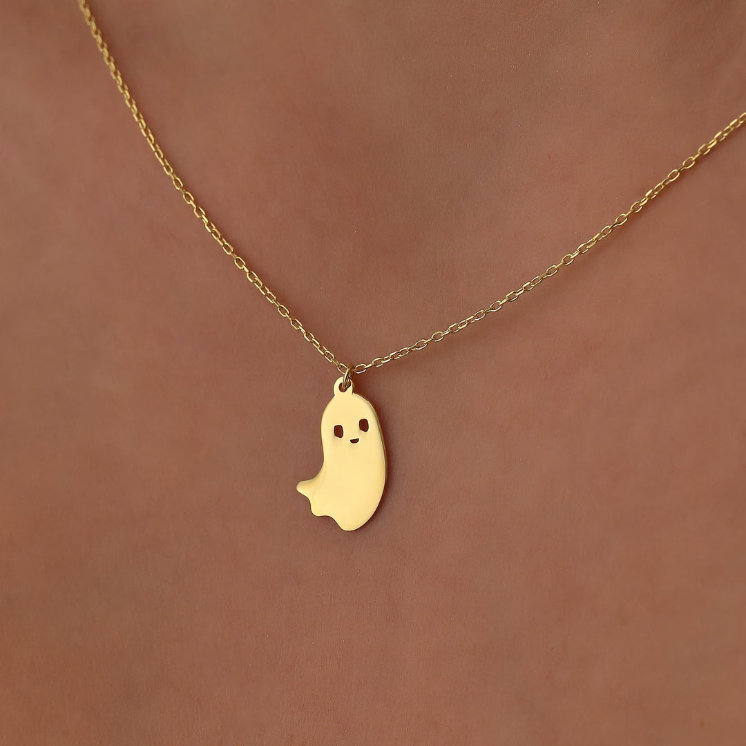 14K Gold Halloween Tiny Ghost Necklace Halloween Gift for Her