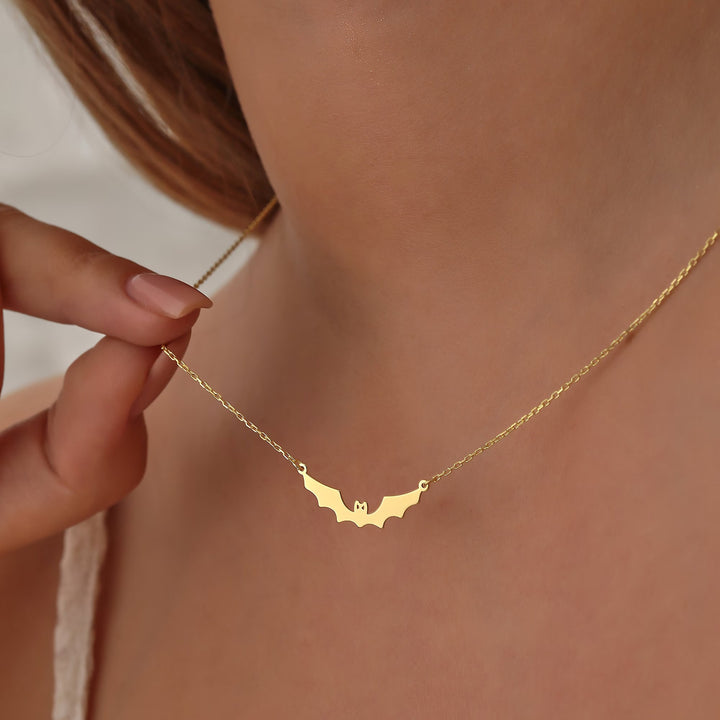 14K Gold Halloween Dainty Bat Necklace for Women