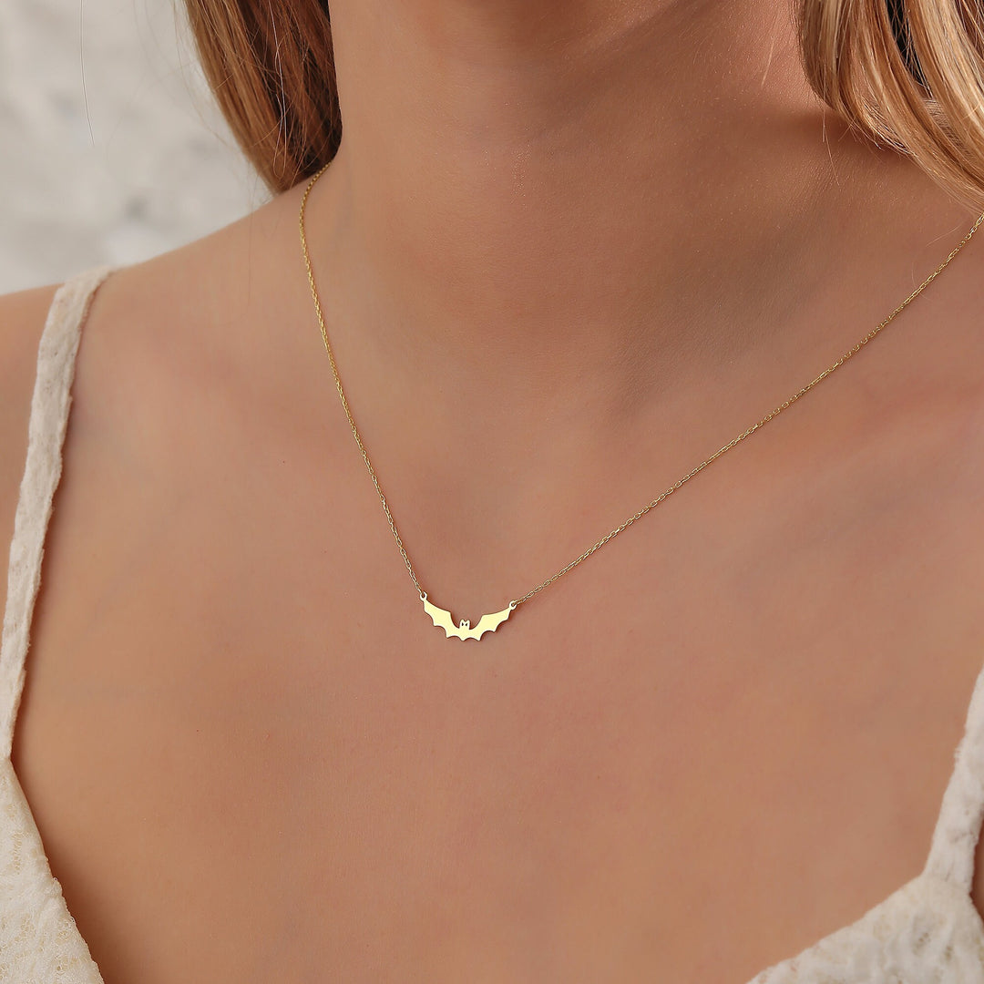 14K Gold Halloween Dainty Bat Necklace for Women