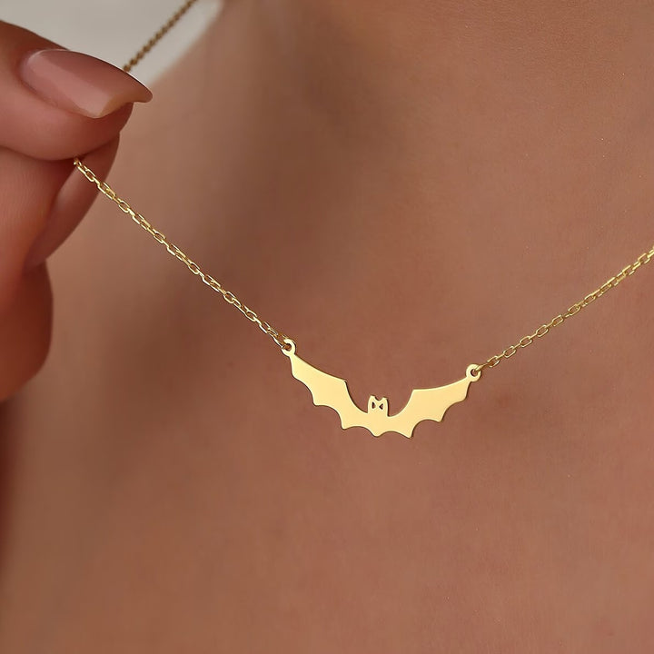 14K Gold Halloween Dainty Bat Necklace for Women