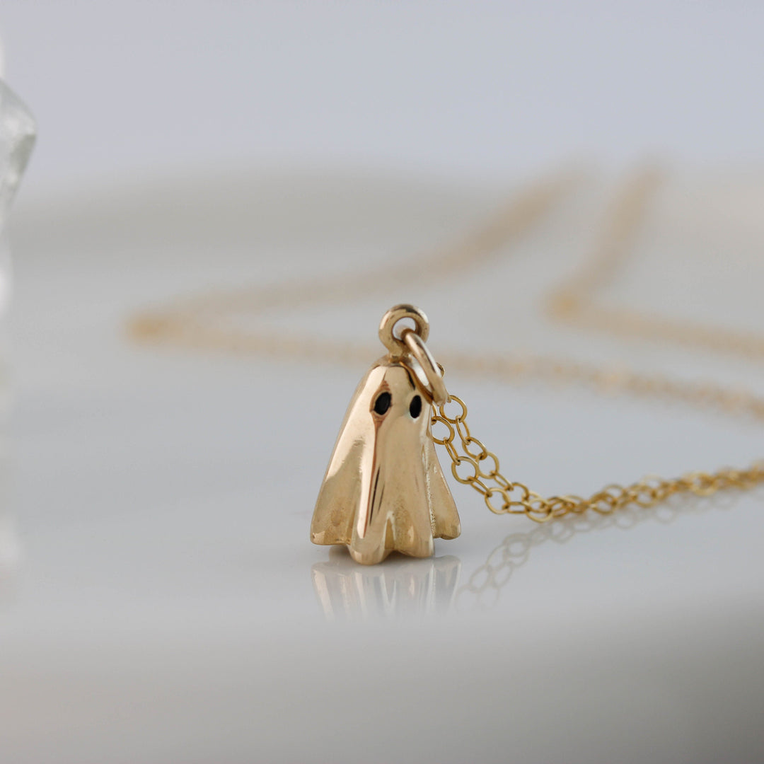 14K Solid Gold Ghost Pendant Necklace for Halloween Gift