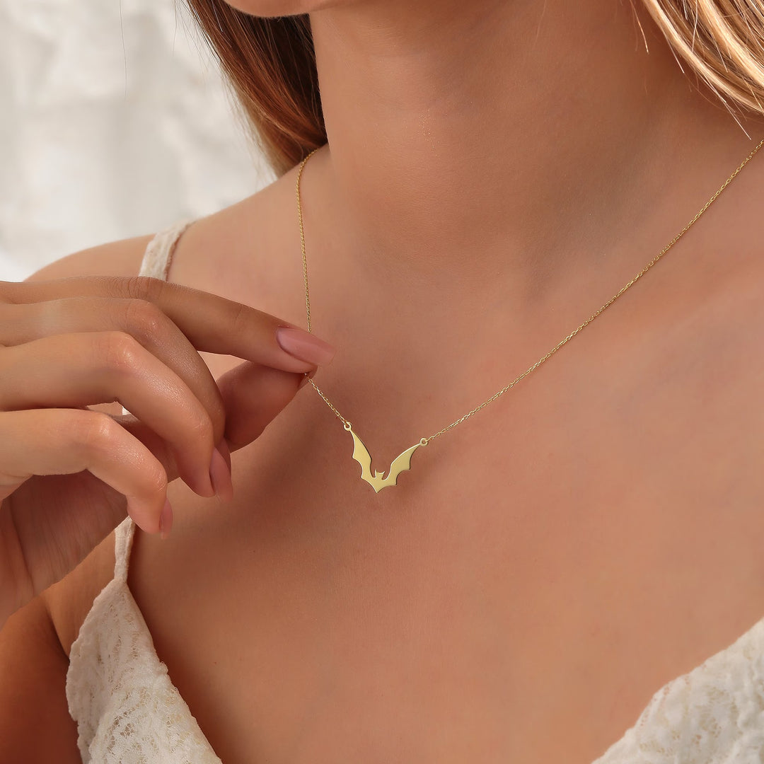 14K Gold Halloween Dainty Bat Necklace Gift For Her