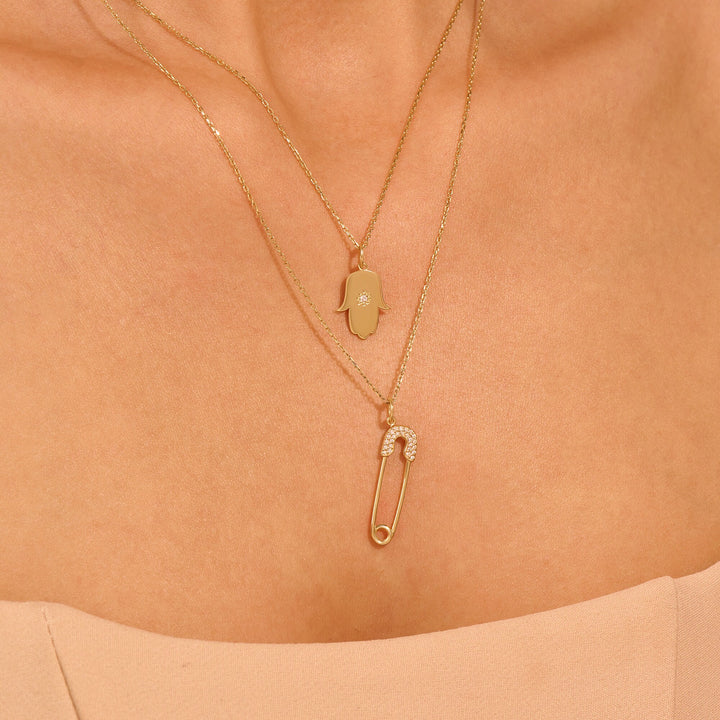 Round Cut Diamond Safety Pin Pendant Necklace for Her