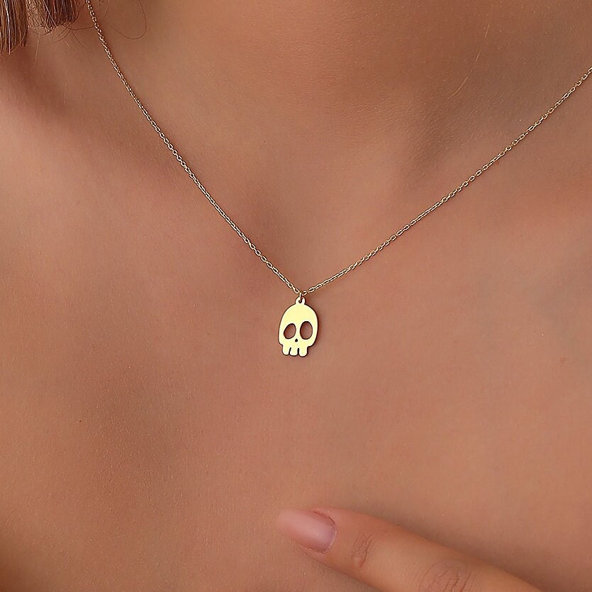 14K Gold Halloween Skull Ghost Necklace Gift for Women