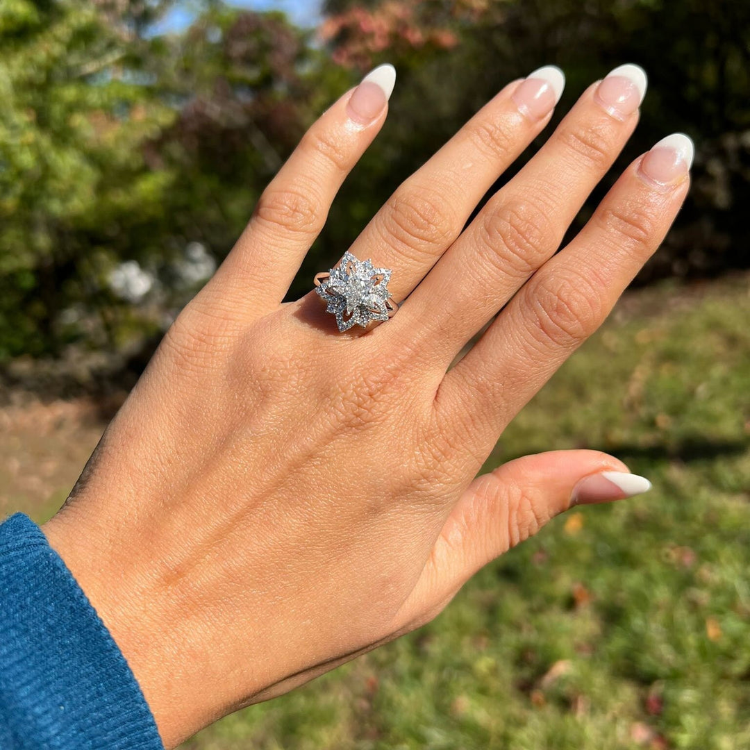 Round & Lozenge Cut Star Pattern Diamond Snowflake Ring for Her