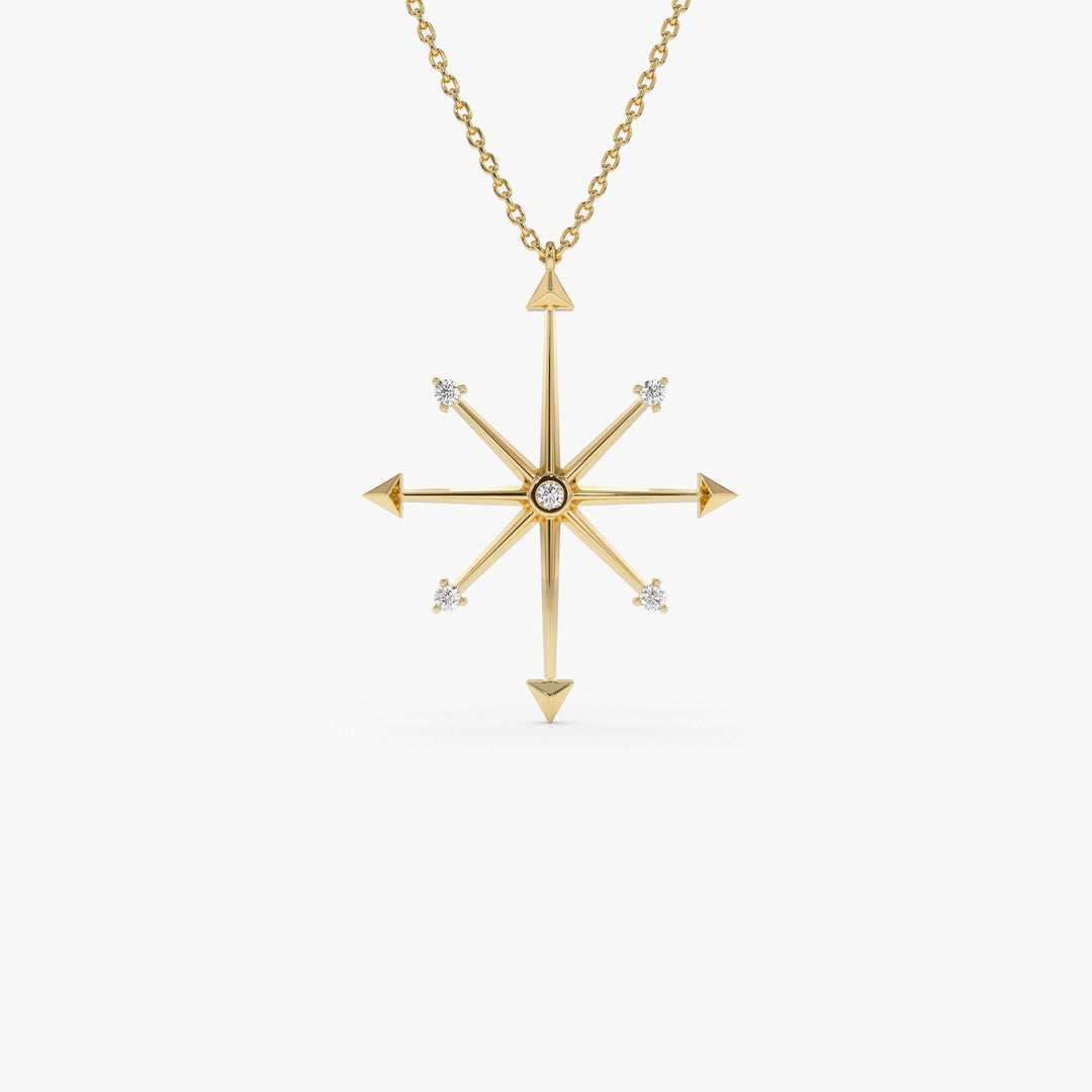 14k Solid Gold Diamond Compass Charm Necklace for Women