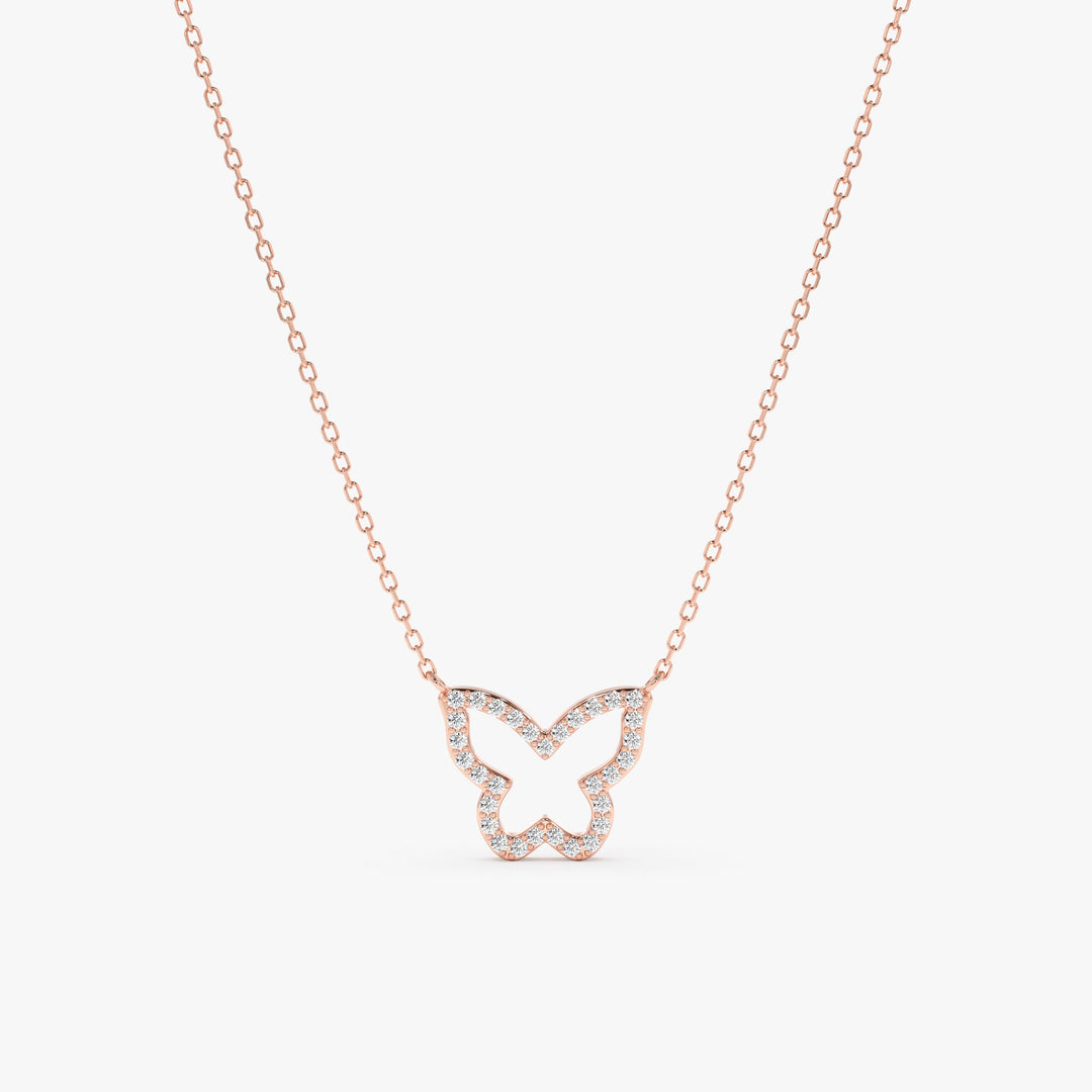 Round Cut Diamond Solid Gold Butterfly Necklace for Birthday Gift