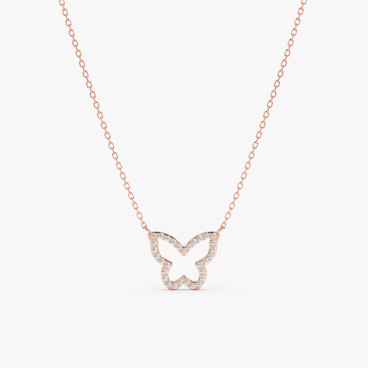 Round Cut Diamond Solid Gold Butterfly Necklace for Birthday Gift