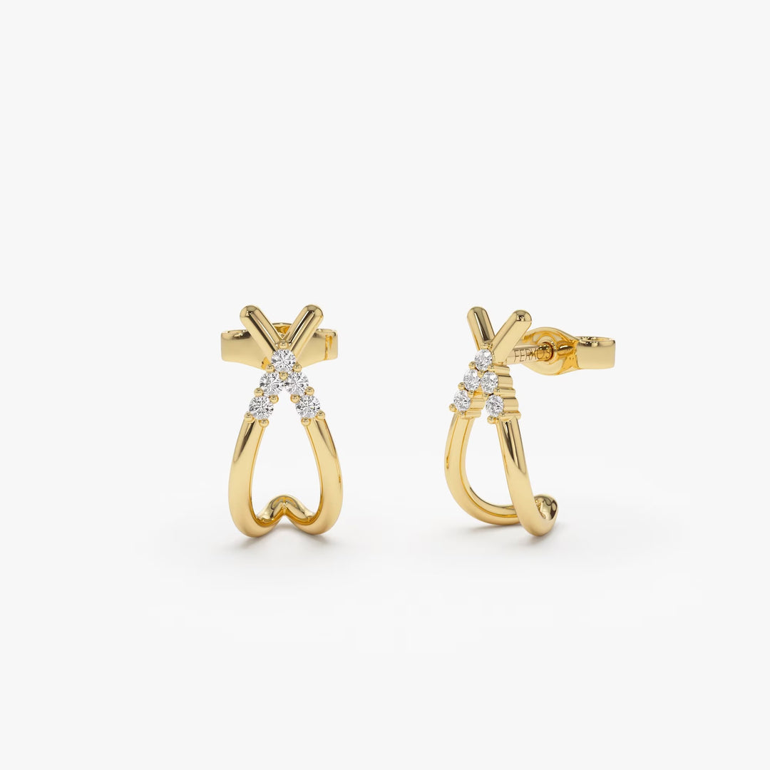 14k Gold Criss Cross Half Hoop Diamond Stud Earrings for Wife