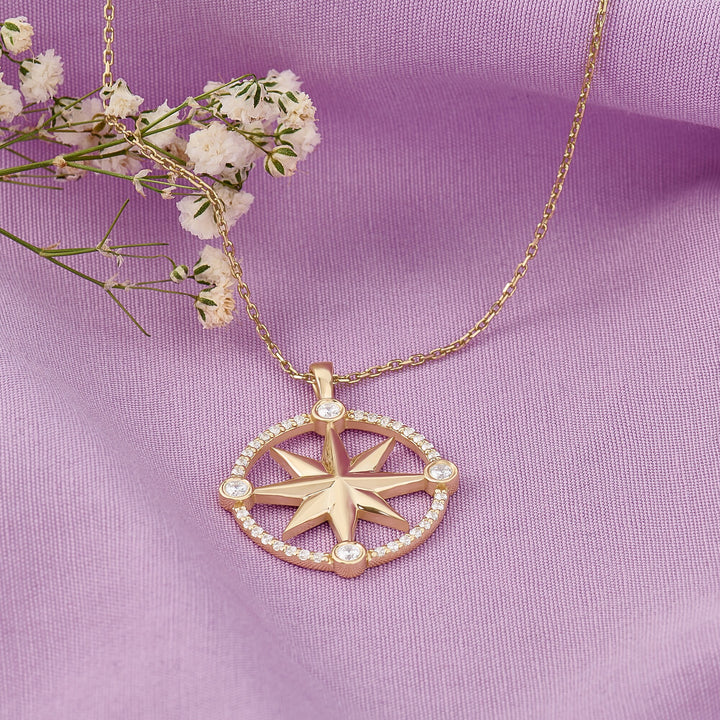 Compass Diamond Moissanite Necklace in 14K Yellow Gold