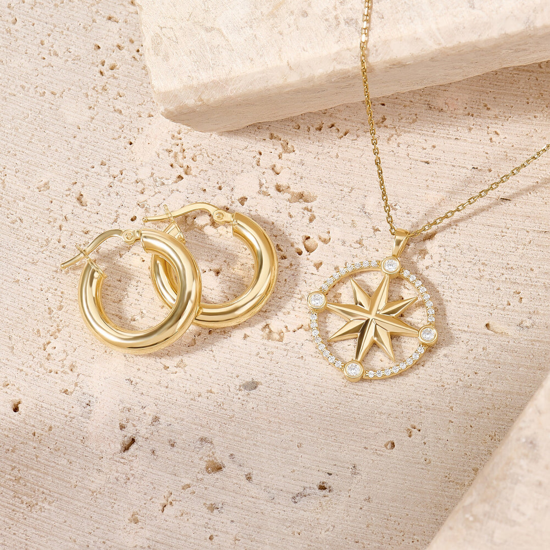 Compass Diamond Moissanite Necklace in 14K Yellow Gold