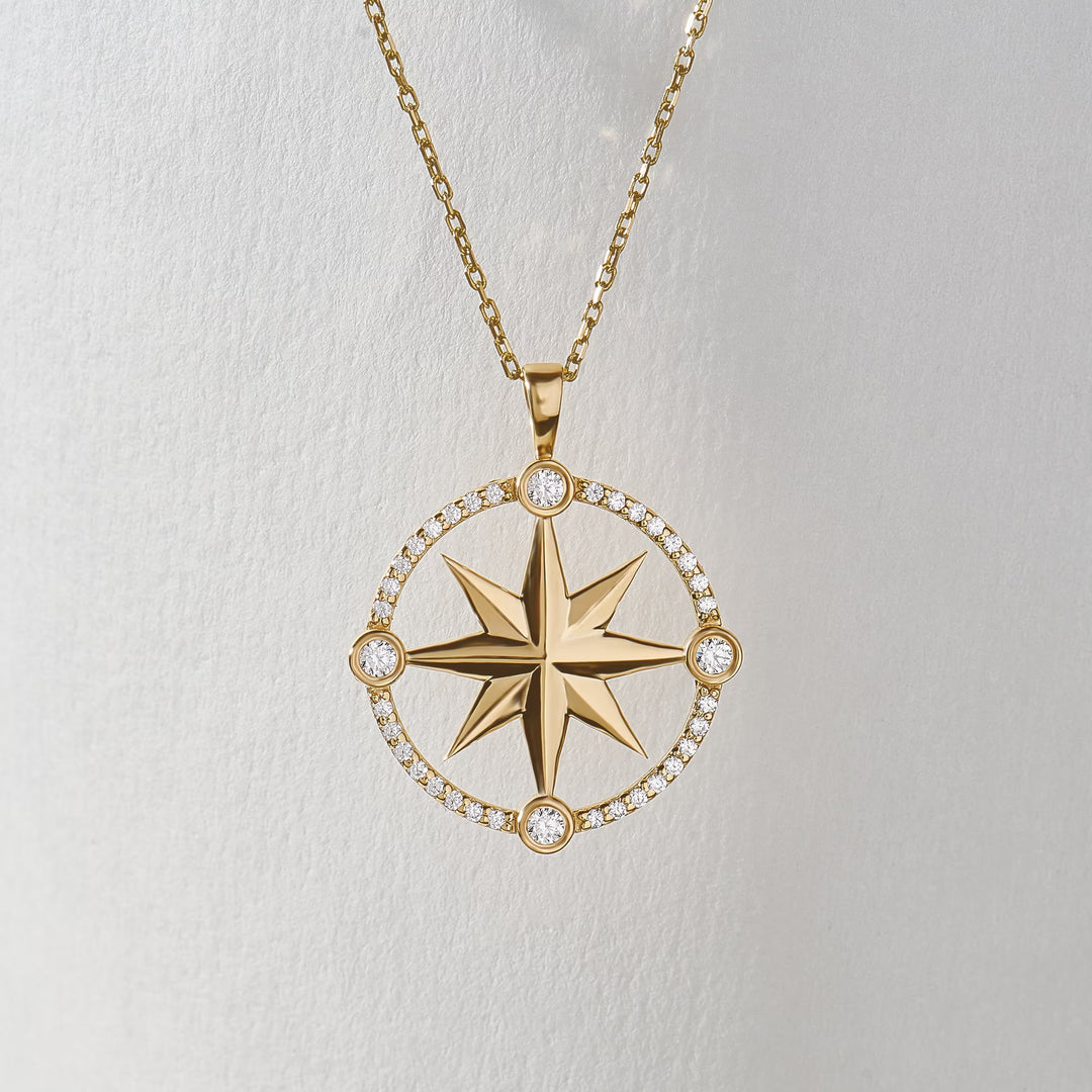 Compass Diamond Moissanite Necklace in 14K Yellow Gold