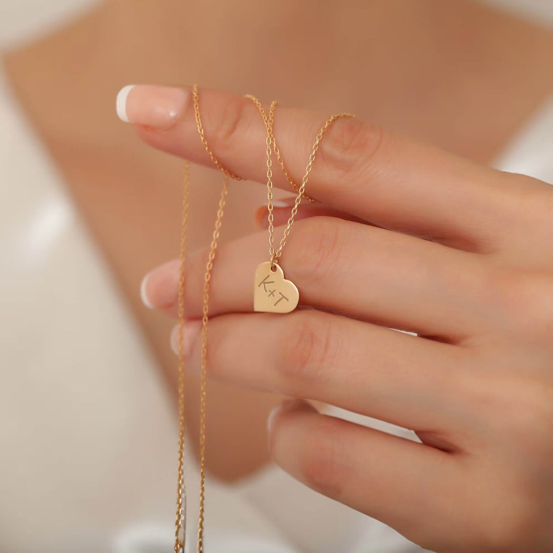 Letter Engraved Heart Necklace in 14K Solid Gold