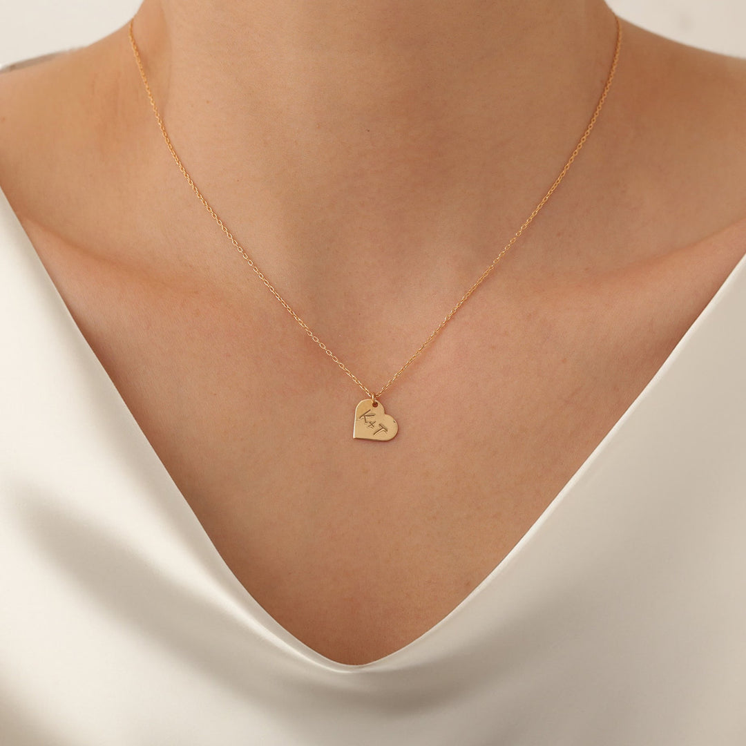 Letter Engraved Heart Necklace in 14K Solid Gold