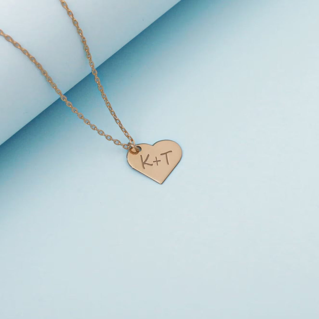 Letter Engraved Heart Necklace in 14K Solid Gold