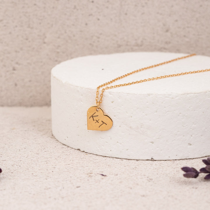 Letter Engraved Heart Necklace in 14K Solid Gold