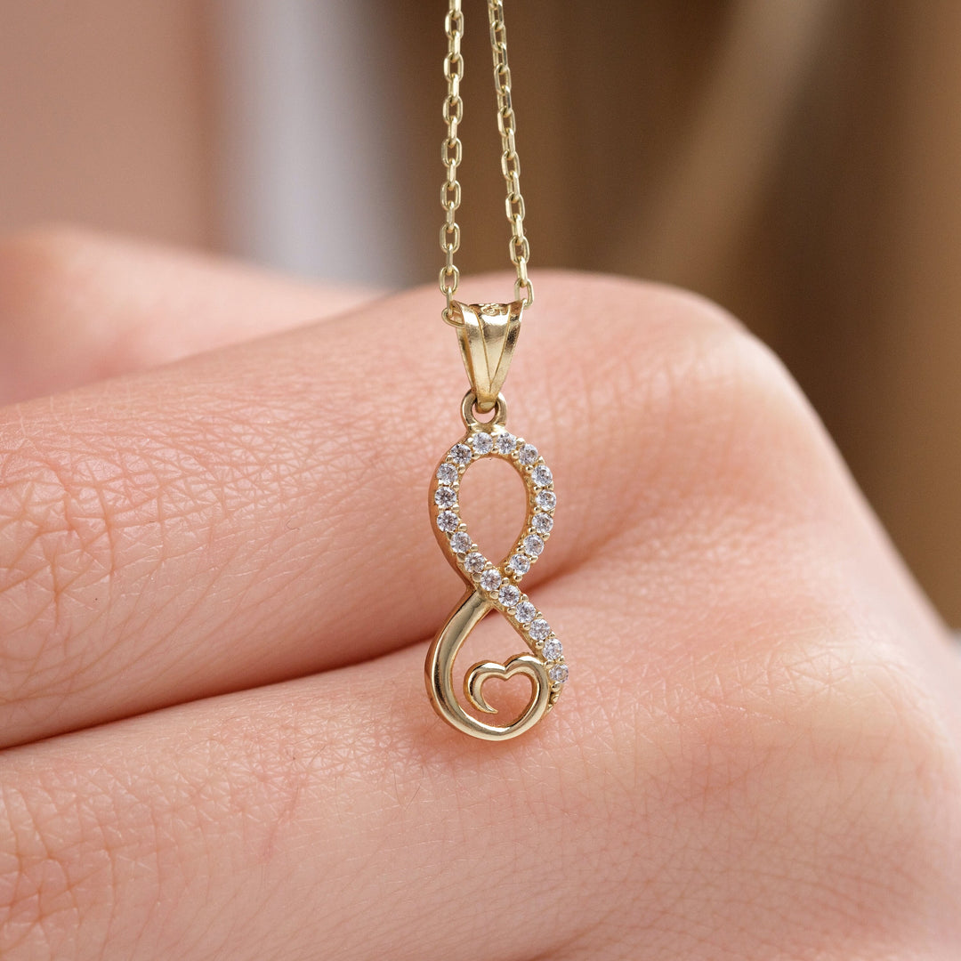 14K Solid Gold Heart with Infinity Diamond Necklace for Women