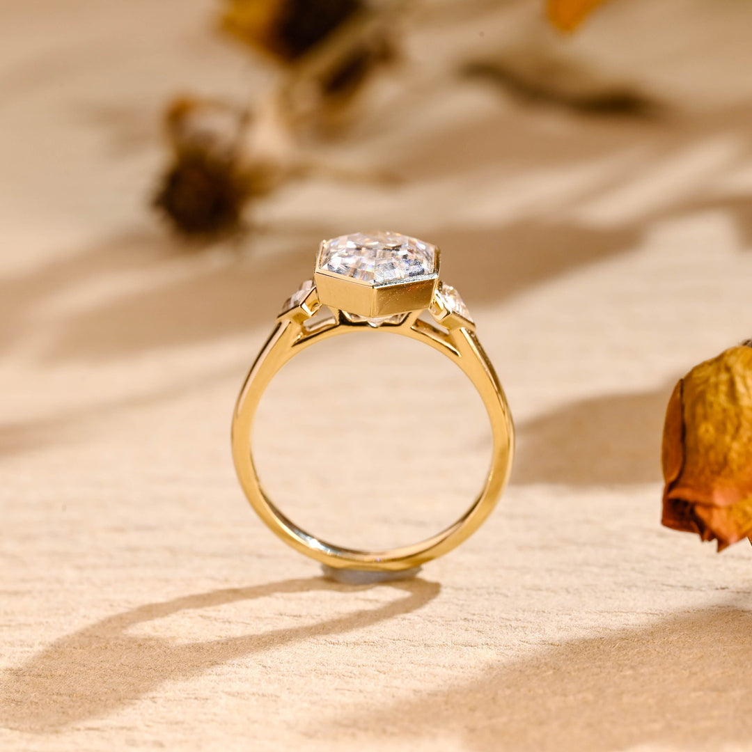 Bezel Set Hexagon Cut Moissanite Three Stone Diamond