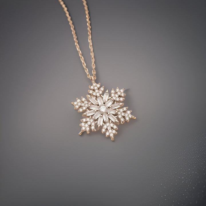 Round & Baguette Diamond Snow Flake Necklace for Women