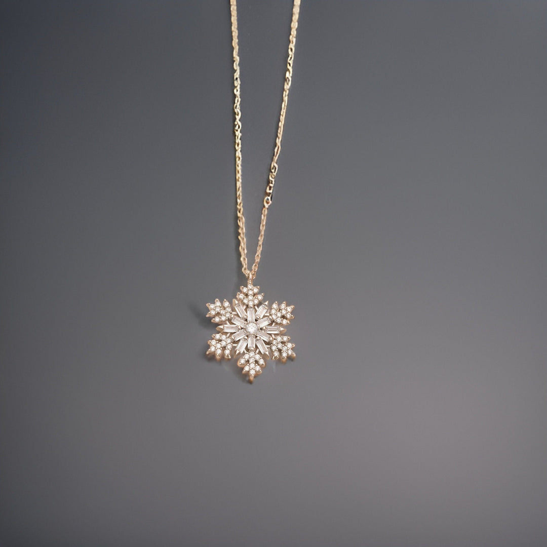 Round & Baguette Diamond Snow Flake Necklace for Women