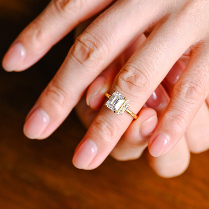 1.50CT-2.50CT Emerald Cut Moissanite Diamond Cluster Engagement Ring