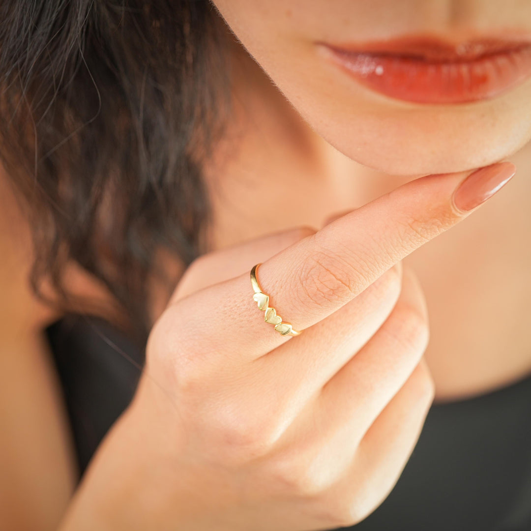 14k Solid Gold Three Heart Plain Ring for Women