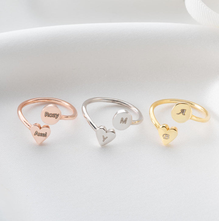 Double Name Open Heart Ring in 14K Gold for Gift