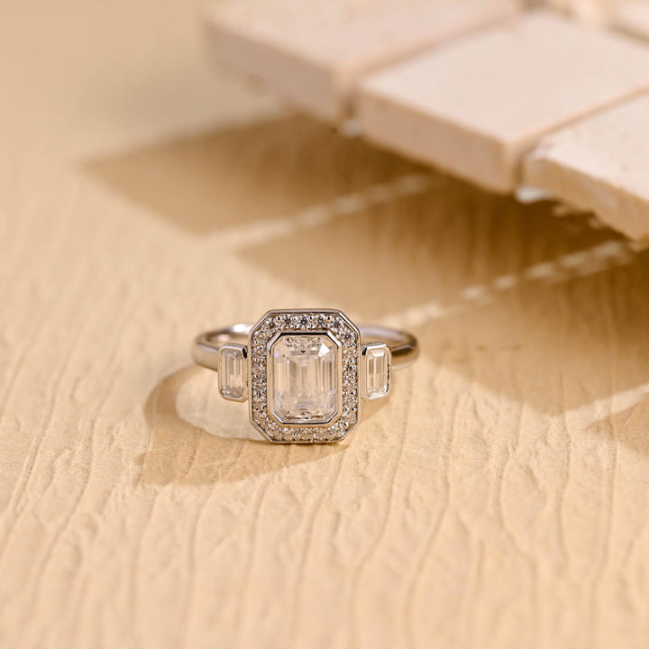 1.0CT-2.0CT Emerald Cut Moissanite Diamond Channel Set Halo Engagement Ring