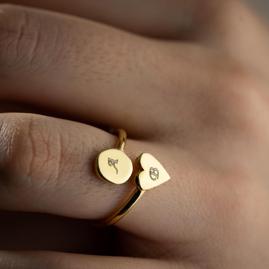 Double Name Open Heart Ring in 14K Gold for Gift