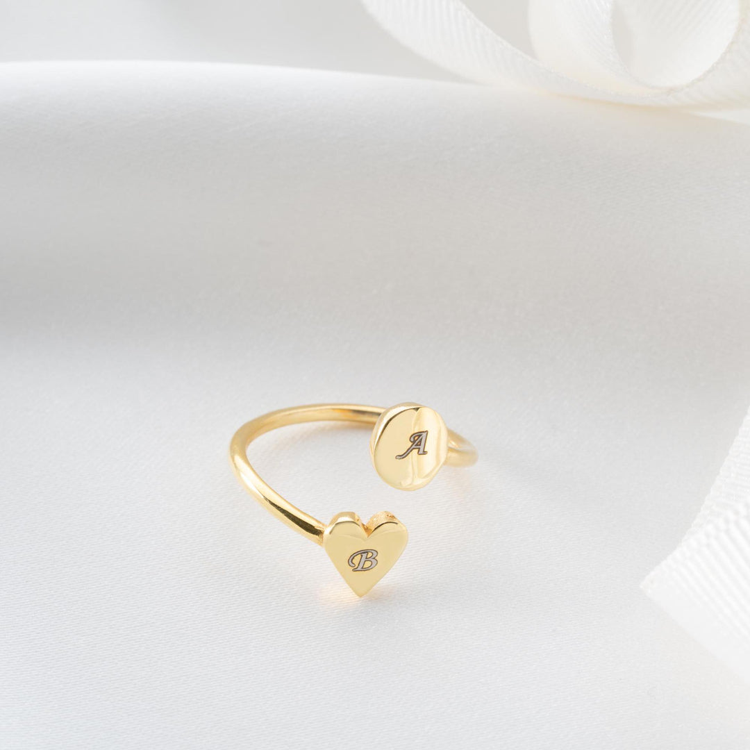 Double Name Open Heart Ring in 14K Gold for Gift